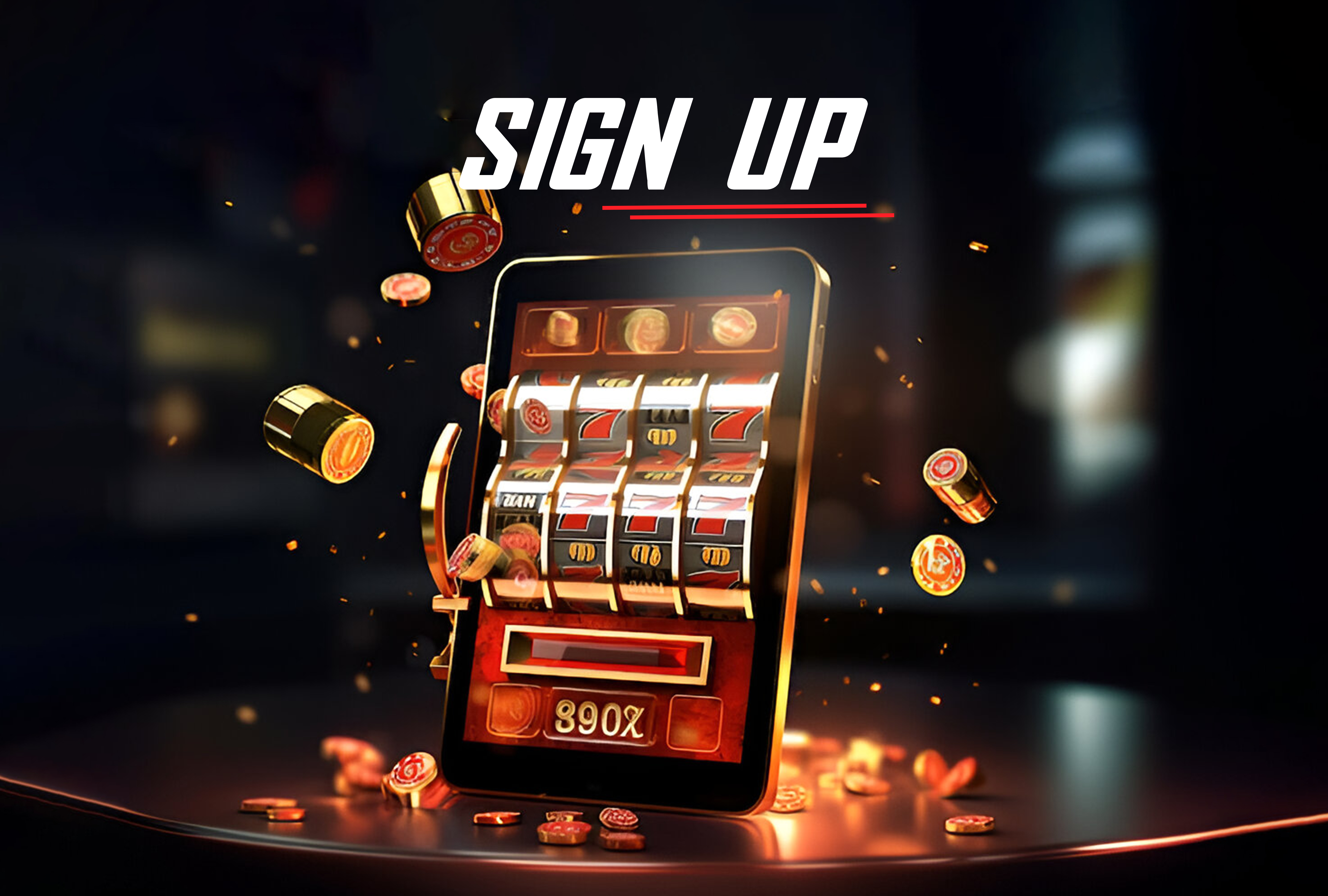 Slot machine game on a smartphone with golden coins flying around on a dark blurred background