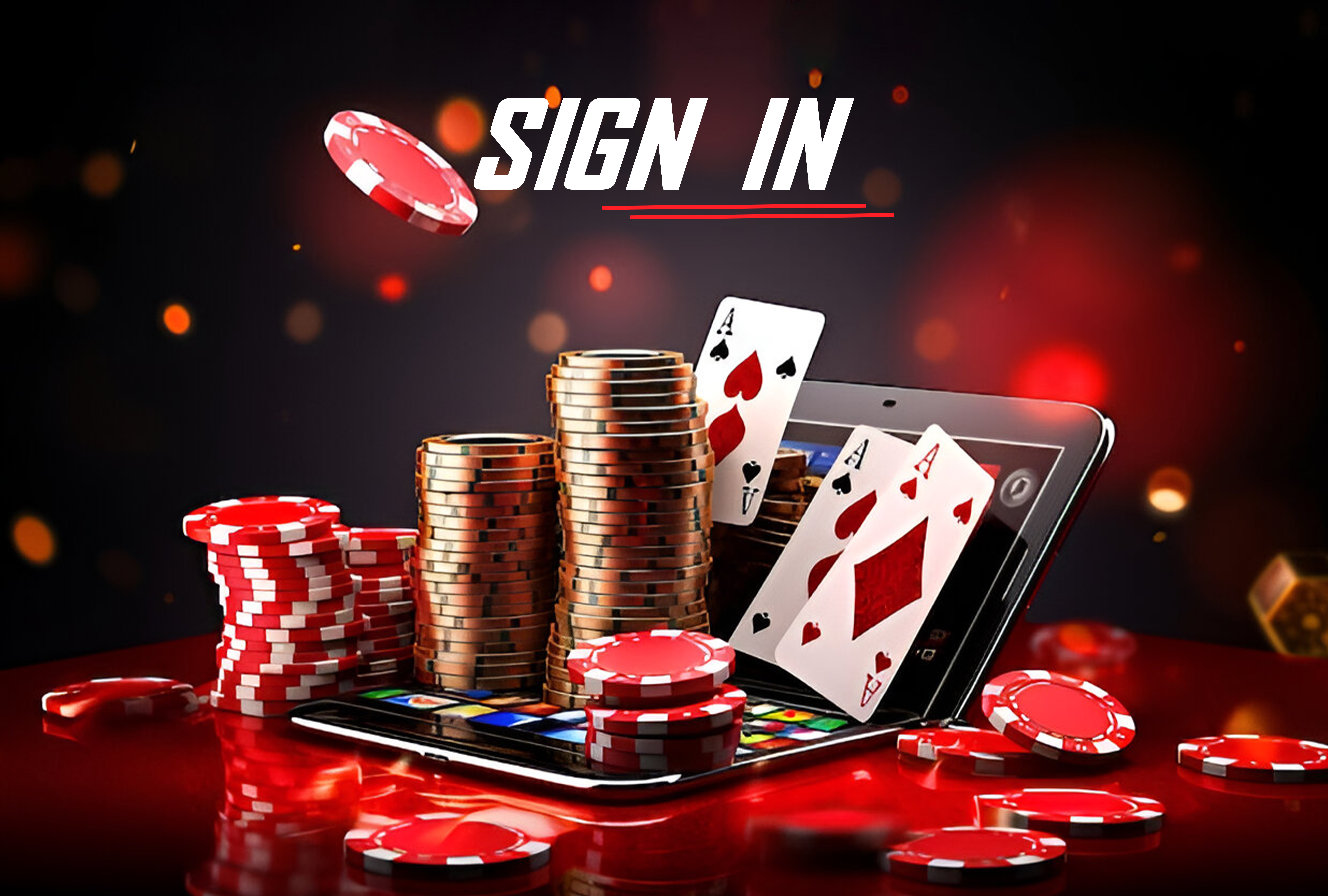 Casino chips stacked and scattered on a reflective red surface with playing cards and a tablet in the background with dark bokeh lights